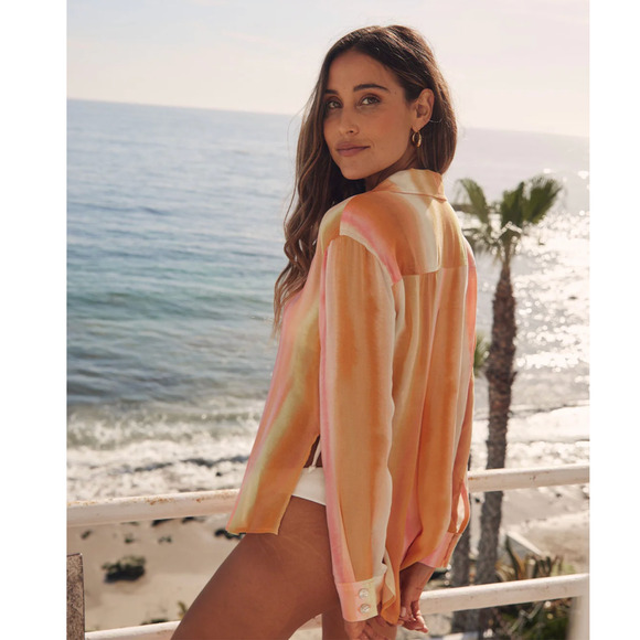 Bella Dahl Tops - Bella Dahl Satin Side Slit Button Down Blouse Sunset Stripe S NWT Bohochic